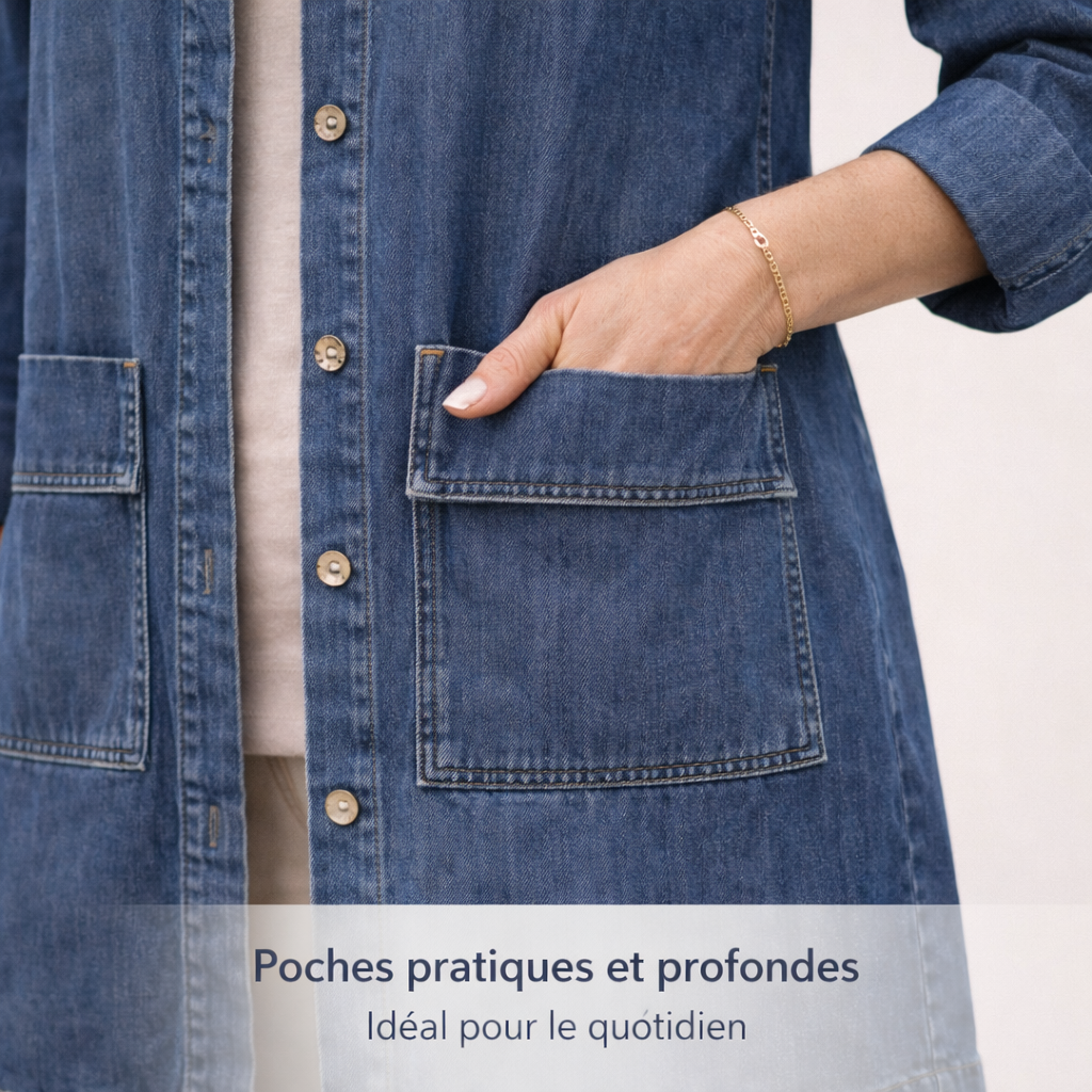 Zanorly™ Élise – Tunique en Denim Intemporelle avec Boutons & Poches