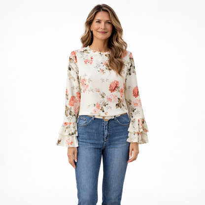 Zanorly™ Haut Fleuri Élégance – Manches Volantées & Col Froncé