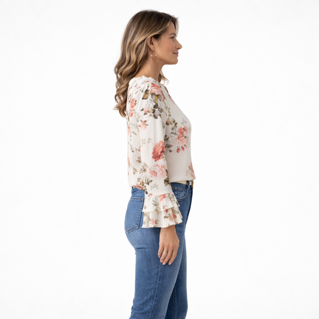 Zanorly™ Haut Fleuri Élégance – Manches Volantées & Col Froncé