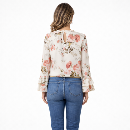 Zanorly™ Haut Fleuri Élégance – Manches Volantées & Col Froncé
