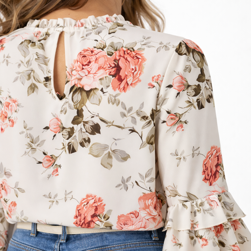 Zanorly™ Haut Fleuri Élégance – Manches Volantées & Col Froncé