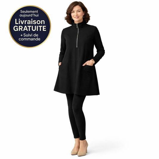 Zanorly™ Robe Ample Confort Élégance – Col Zippé, Coupe Flatteuse et Poches Pratiques
